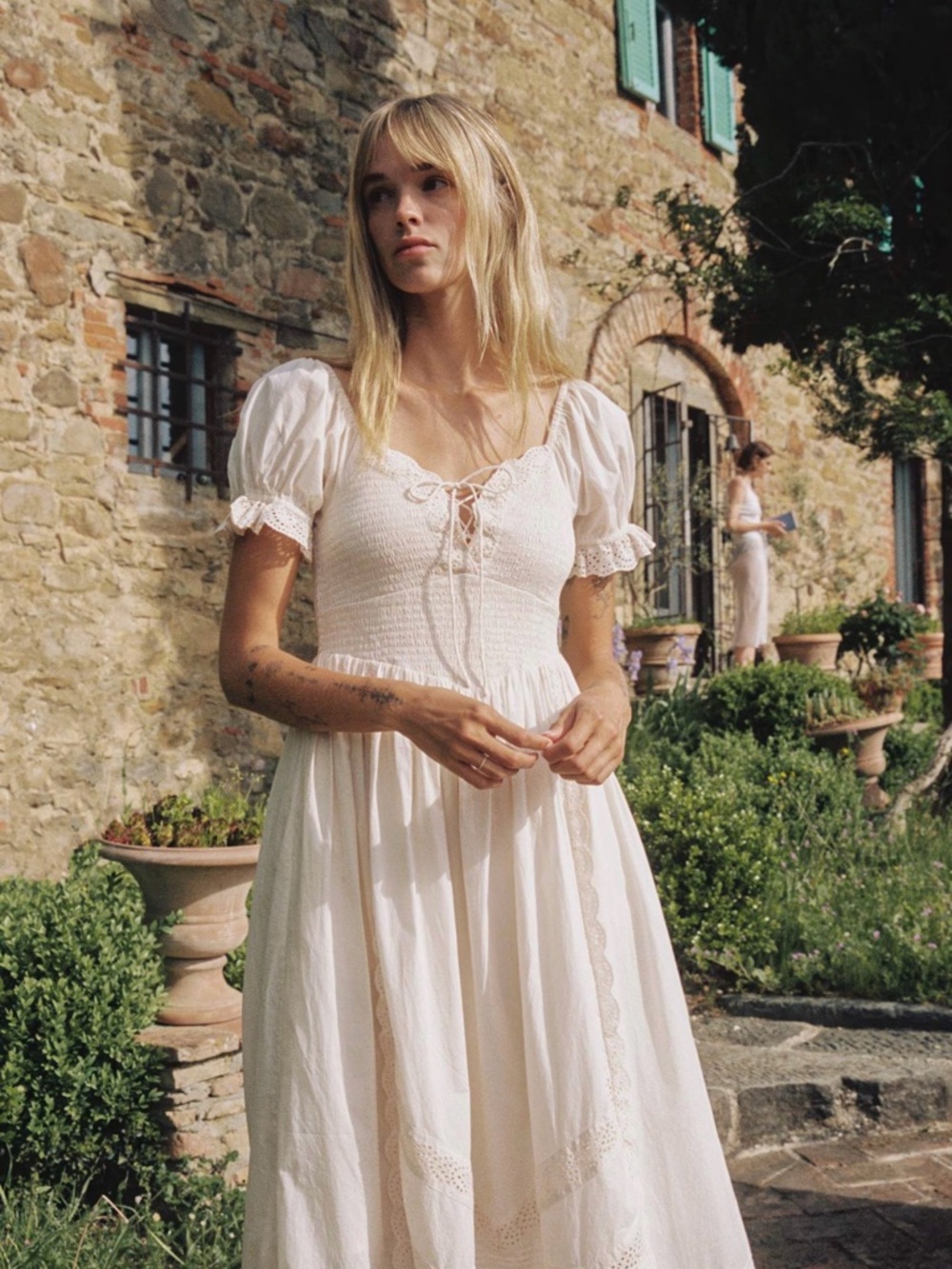 Christy Dawn Madeline Cream Smocked Midi Dress with Lace Trim - Picture 10 of 10